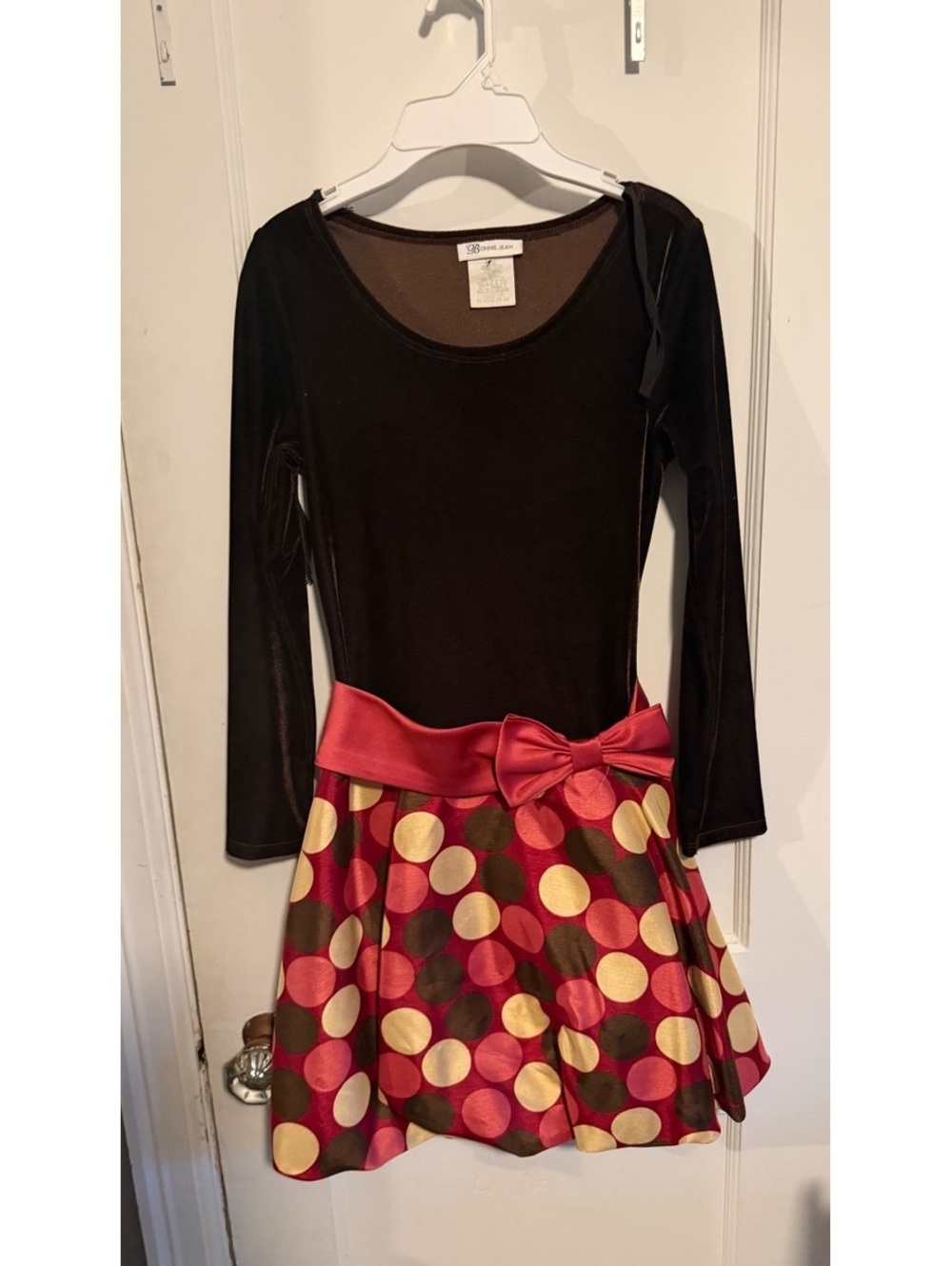 Bonnie Jean Girls' Size 10 Long Sleeve Dress with Polka Dot Skirt and Satin Bow